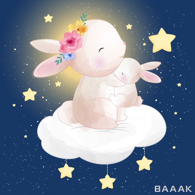 تصویر-زیبای-بچه-خرگوش-در-آغوش-مادرش-روی-ابرها_343927731