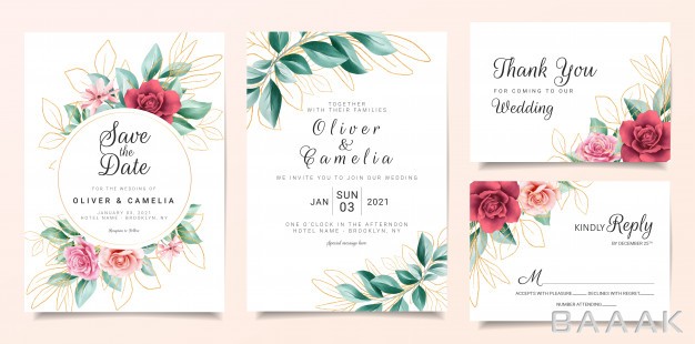 کارت-دعوت-مدرن-Gold-floral-wedding-invitation-card-template-set-with-flowers-decoration-outlined-glitter-leaves_814656902