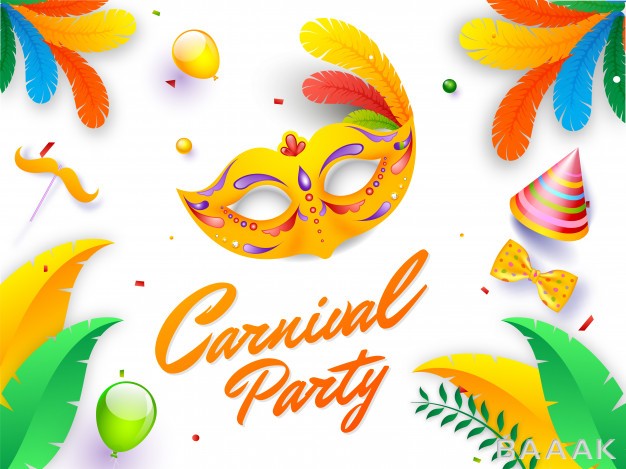 پس-زمینه-زیبا-و-خاص-Calligraphy-text-carnival-party-with-mask-hat-bow-tie-balloons-moustache-stick-white-background_666382542