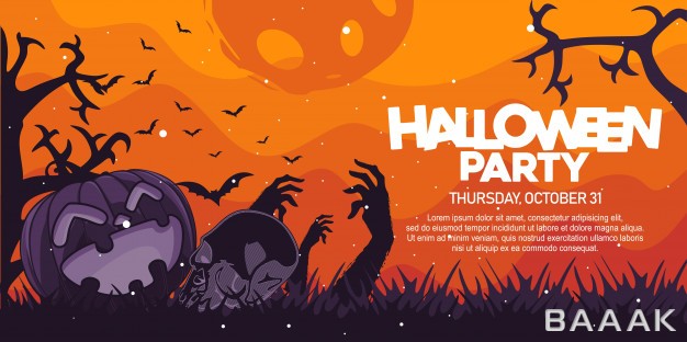 بنر-زیبا-و-خاص-Halloween-party-banner-with-pumpkin-skull-illustration_363394145