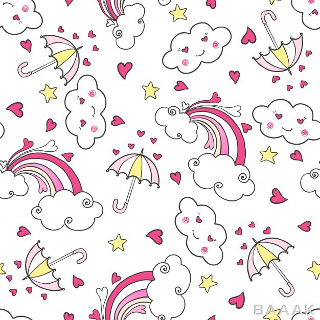 پترن-زیبا-Hand-drawn-seamless-pattern-with-rainbow-clouds-umbrella-hearts_743162204