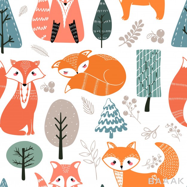 پترن-جذاب-و-مدرن-Seamless-pattern-with-foxes-different-elements-illustration-hand-drawn-scandinavian-style_903564763