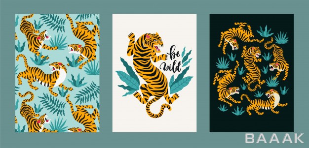 پوستر-مدرن-Vector-poster-set-tigers-tropical-leaves_179837131
