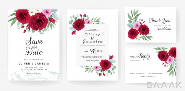 کارت-دعوت-فوق-العاده-Wedding-invitation-card-template-set-with-rose-anemone-flowers-leaves_583315335