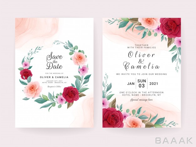 کارت-دعوت-خاص-و-خلاقانه-Wedding-invitation-card-template-set-with-rose-anemone-flowers-leaves_381983473