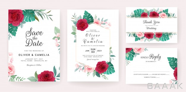 کارت-دعوت-مدرن-Wedding-invitation-card-template-set-with-roses-monstera-wild-leaves_808256953