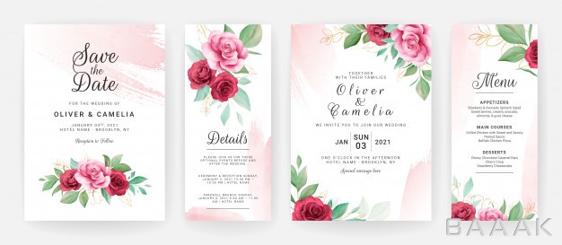کارت-دعوت-مدرن-و-خلاقانه-Wedding-invitation-card-template-set-with-watercolor-floral-blush-brush-stroke_780264846