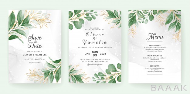 کارت-ویزیت-مدرن-و-جذاب-Wedding-invitation-card-template-set-with-watercolor-leaves-decoration_883380631