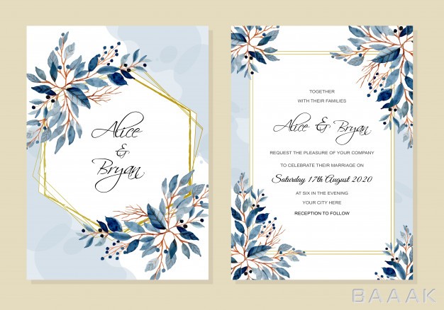 کارت-دعوت-مدرن-و-خلاقانه-Wedding-invitation-card-with-blue-leaves-watercolor_776160535