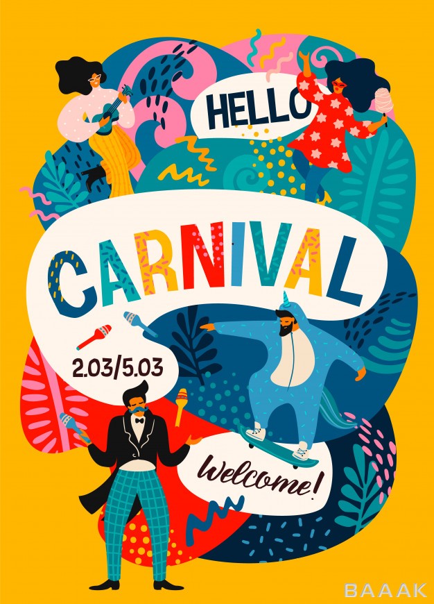 پوستر-پرکاربرد-Hello-carnival-vector-poster-with-funny-dancing-men-women-bright-modern-costumes_405421382