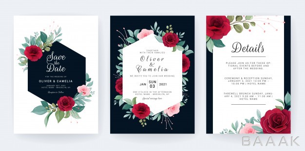 قاب-مدرن-و-جذاب-Set-card-with-flowers-navy-blue-wedding-invitation-template-set-with-floral-frame_117083102