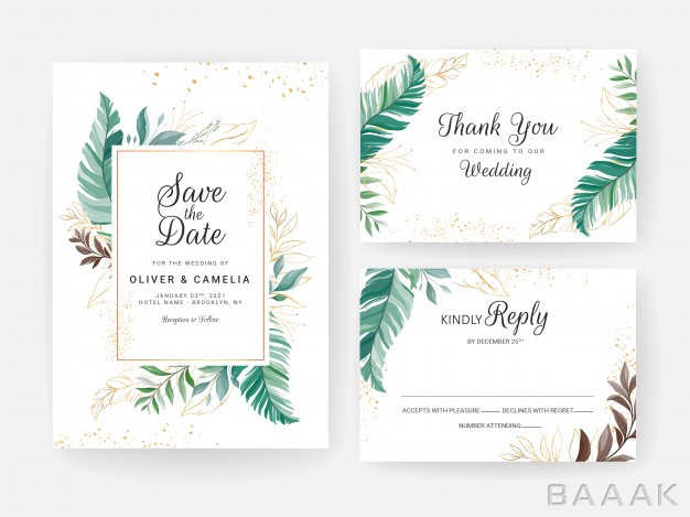 کارت-دعوت-خلاقانه-Set-cards-with-floral-decoration-greenery-wedding-invitation-template-design-tropical-leaves-with-glitter_135508159