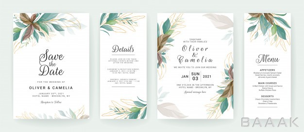 کارت-دعوت-خلاقانه-Set-cards-with-greenery-decoration-floral-wedding-invitation-template-design-tropical-glitter-leaves_301543776