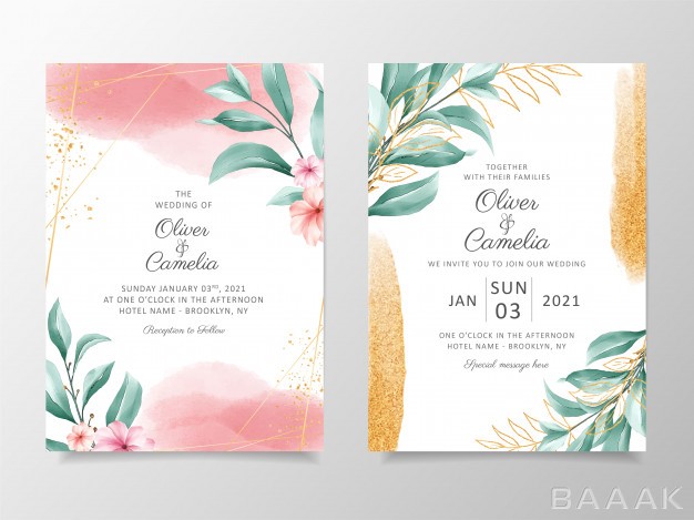 کارت-دعوت-زیبا-Elegant-watercolor-wedding-invitation-card-template-set-with-floral-decoration-gold-glitter_597149678