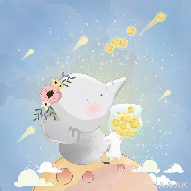 تصویر-کارتونی-بچه-خرگوش-و-فیل-در-حال-صید-ستاره-از-آسمان_303615499