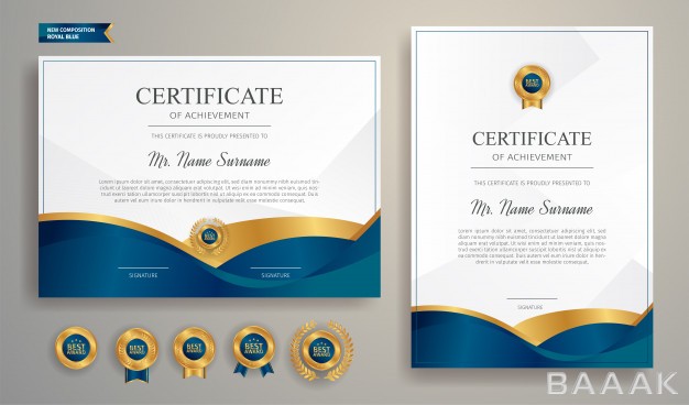 پترن-مدرن-و-خلاقانه-Blue-gold-certificate-border-template-with-luxury-badge-modern-line-pattern-award-business-education-needs_260250025