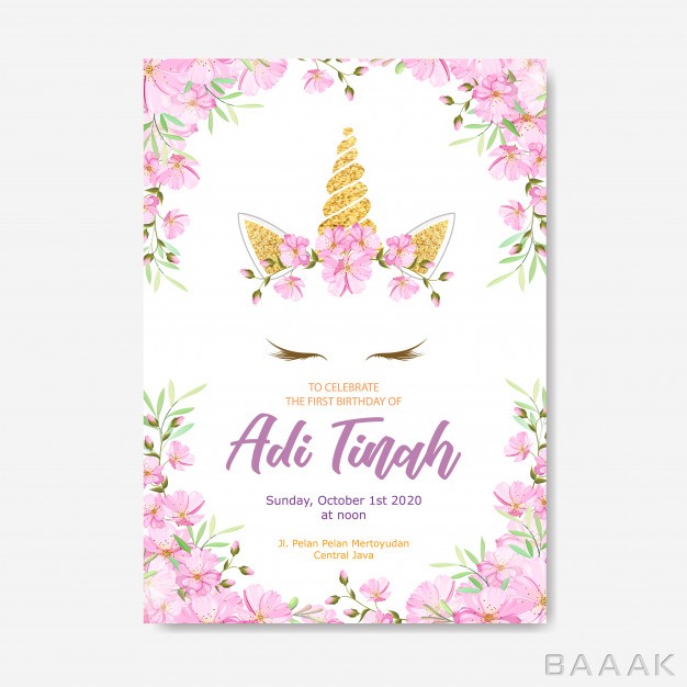 کارت-دعوت-خاص-و-مدرن-Unicorn-invitation-card-with-floral-wreath-gold-glitter_722131779