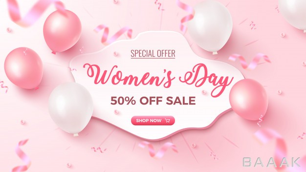 بنر-پرکاربرد-Women-s-day-special-offer-50-off-sale-banner-with-white-custom-shape-pink-white-air-balloons-falling-foil-confetti-rosy-women-s-day-template_910469328