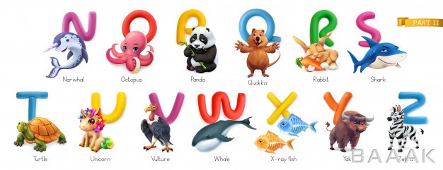 آیکون-پرکاربرد-Zoo-alphabet-funny-animals-3d-icons-set-letters-n-z-narwhal-octopus-anda-quokka-rabbit-shark-turtle-unicorn-vulture-whale-x-ray-fish-yak-zebra_205684883