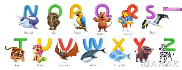 آیکون-زیبا-و-جذاب-Zoo-alphabet-funny-animals-3d-icons-set-letters-n-z-narwhal-owl-arrot-quokka-rooster-stork-tiger-unicorn-vampire-bat-whale-x-ray-fish-yak-zebra_786084088