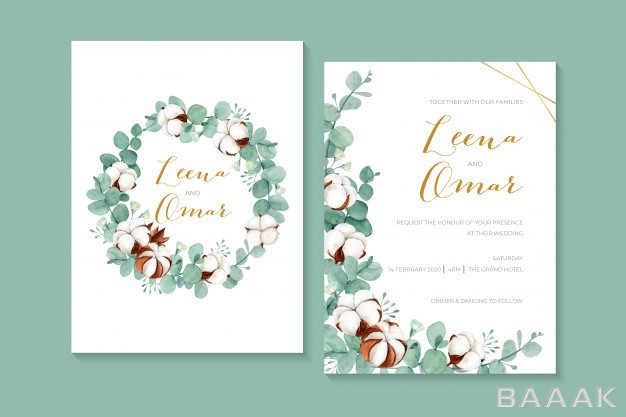 کارت-دعوت-فوق-العاده-Lovely-watercolor-wedding-invitation-with-cotton-flowers-eucalyptus-leaves_940755094