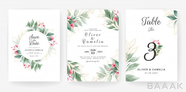 کارت-دعوت-مدرن-و-خلاقانه-Greenery-wedding-invitation-card-template-set-with-watercolor-gold-leaves-decoration_914954332
