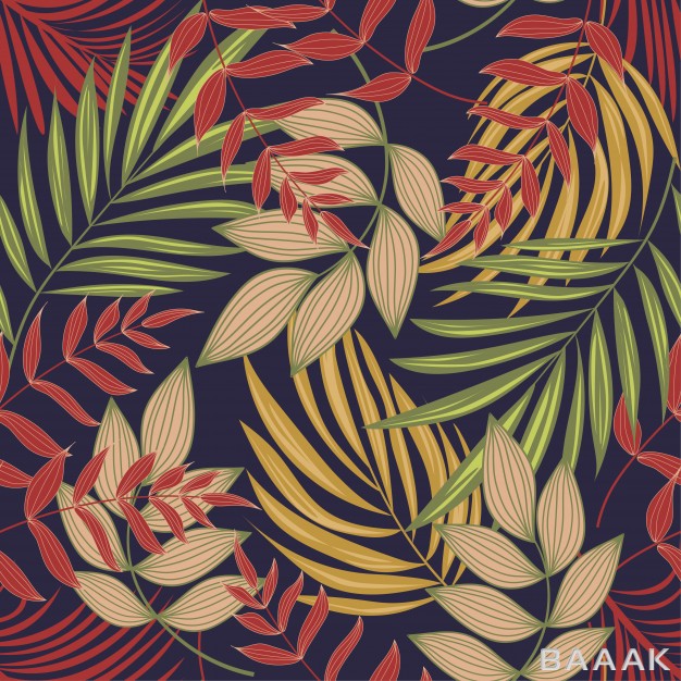 پس-زمینه-مدرن-و-جذاب-Bright-abstract-seamless-pattern-with-colorful-tropical-leaves-plants-purple-background_413195752