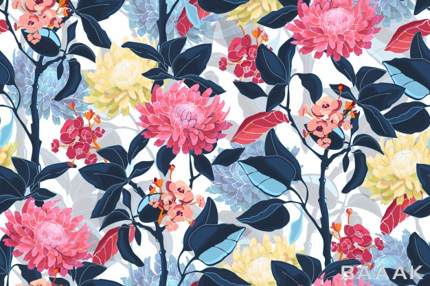 پترن-خاص-و-مدرن-Art-floral-vector-seamless-pattern-pink-yellow-blue-flowers-deep-blue-leaves-light-blue-transparent-overlays-leaves_141119704