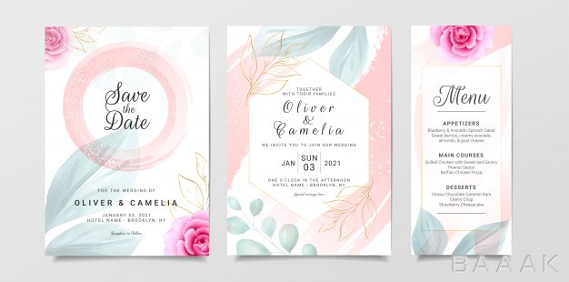 کارت-دعوت-زیبا-و-جذاب-Stylish-wedding-invitation-card-template-set-with-watercolor-flowers-decoration_414316903