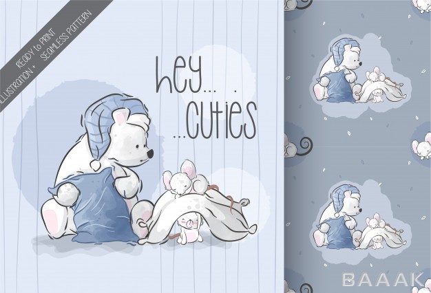 پترن-فوق-العاده-Cute-bear-with-baby-mouse-illustration-seamless-pattern_303048435