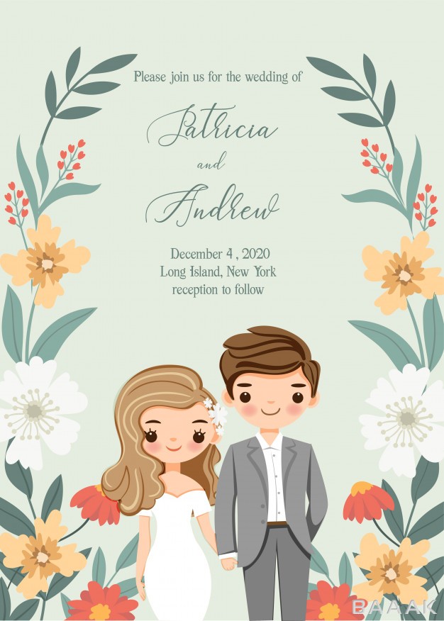 کارت-دعوت-خاص-و-مدرن-Cute-bride-groom-with-flower-wedding-invitation-card_618171275