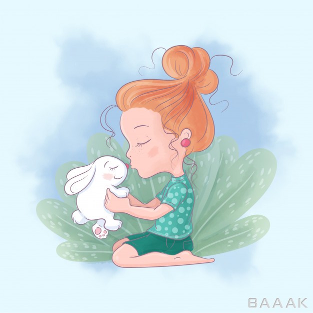 تصویر-کارتونی-دختر-بچه-با-خرگوش-که-بهترین-دوستش-را-میبوسد_195306421