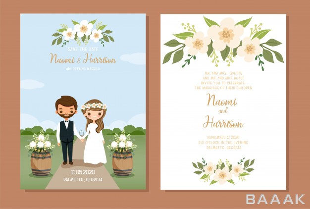 کارت-دعوت-مدرن-و-خلاقانه-Cute-couple-cartoon-with-rustic-wedding-invitation-card-template_815975848
