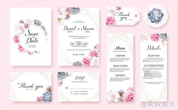 کارت-دعوت-جذاب-Set-wedding-invitation-card-template-rose-flower-succulent-plants_721886260