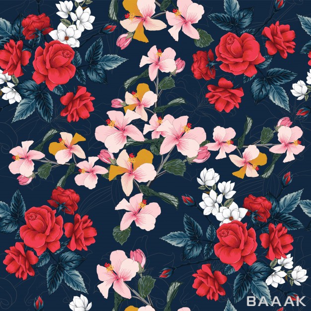 پس-زمینه-مدرن-و-جذاب-Seamless-pattern-red-rose-hibiscus-magnolia-lilly-flowers-background_494519088