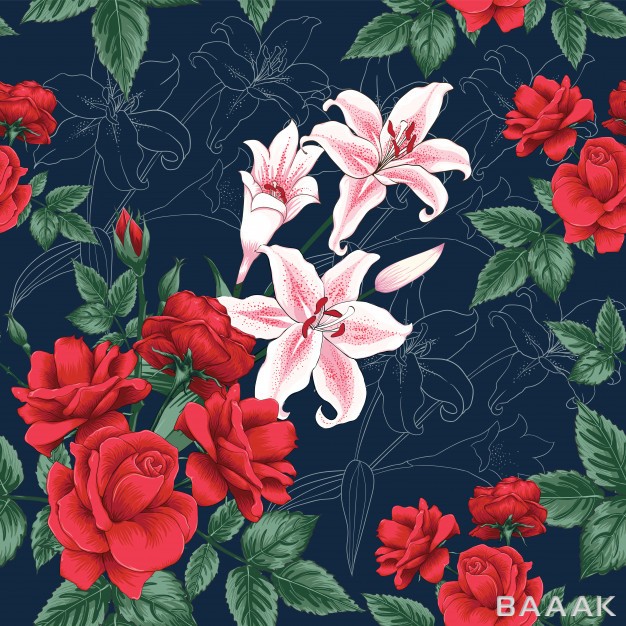 پس-زمینه-مدرن-و-جذاب-Seamless-pattern-red-rose-lilly-flowers-background_784502451
