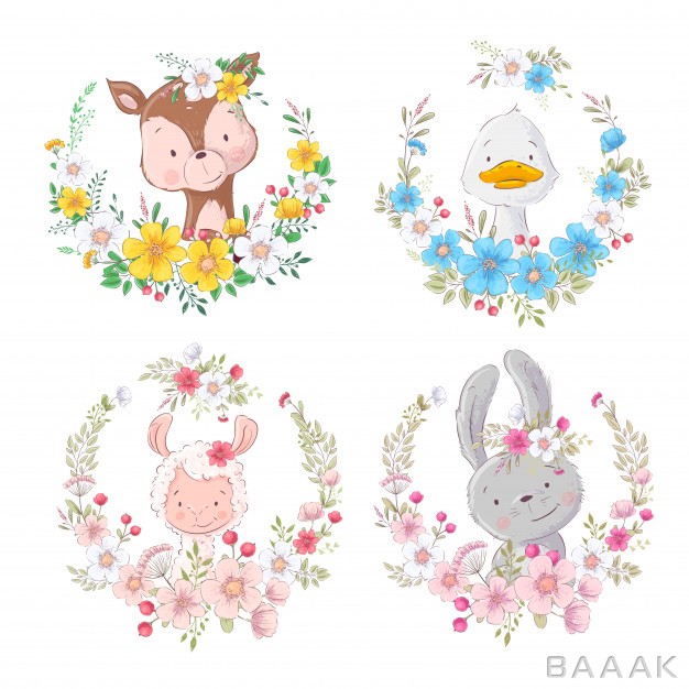 مجموعه-حیوانات-کارتونی-زیبا-در-حلقه-گل_653250185