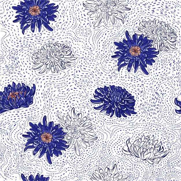 پترن-فوق-العاده-Blooming-blue-japanese-chrysanthemum-flowers-hand-drawn-polka-dots-line-brush-seamless-pattern-illustration_277144755