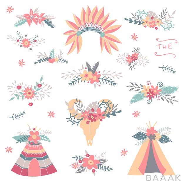 کارت-دعوت-خاص-و-خلاقانه-Floral-tribal-collection-teepee-wedding-floral-arrow-wreaths-feathers-wedding-invitation-hand-drawn-tribal-elements-with-flowers_842298283