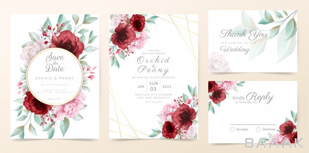 کارت-دعوت-مدرن-و-جذاب-Floral-wedding-invitation-card-template-set-with-watercolor-flowers-golden-decoration_999506747