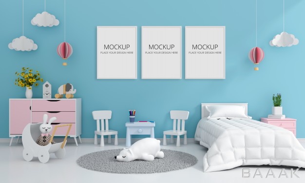 موکاپ-مدرن-و-خلاقانه-Blue-child-bedroom-interior-mockup-3d-rendering_234465571