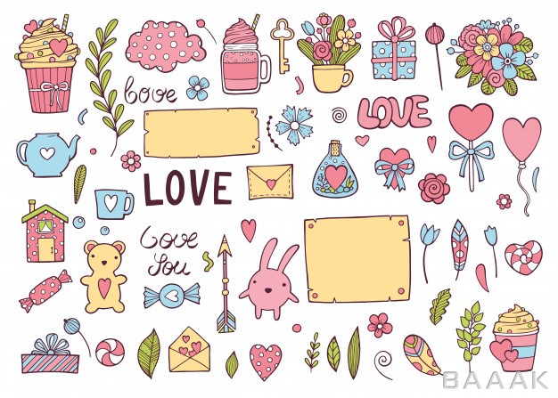 آیکون-پرکاربرد-Colorful-wedding-day-valentine-holiday-set-cute-doodle-icons-collection-cards-invitation-prints_437930579