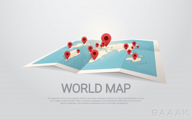طرح-سه-بعدی-نقشه-کاغذی-جهان-و-المان-پین-نقشه-بر-روی-قسمت-های-مختلف-آن_926167563