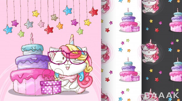 پترن-مدرن-و-خلاقانه-Cute-caticorn-birthday-party-pattern-illustration_773682870