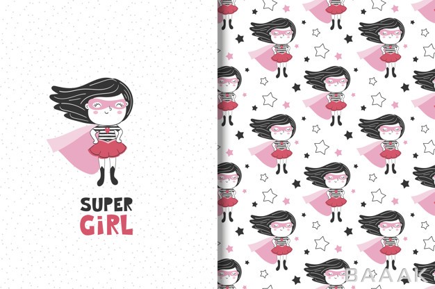 پترن-مدرن-و-خلاقانه-Cute-little-girl-superhero-card-seamless-pattern_296101740