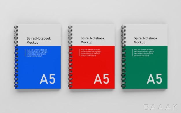 موکاپ-مدرن-و-جذاب-Ready-use-triple-bussiness-hard-cover-a5-spiral-binder-notepad-mock-up-design-template-top-view_423917967