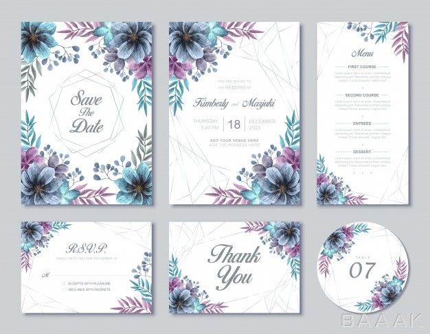 کارت-ویزیت-فوق-العاده-Beautiful-wedding-card-template-set-blue-purple-watercolor-floral-flowers_209383275