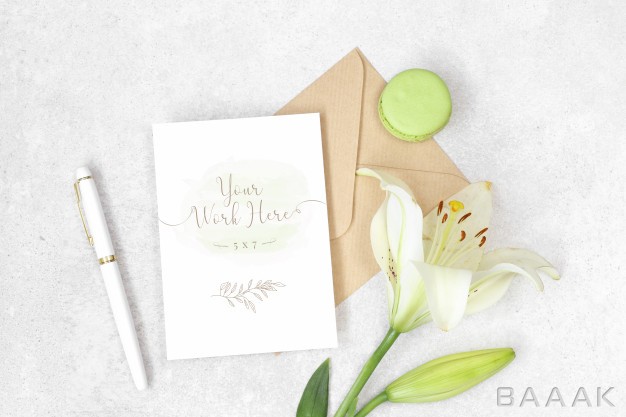 کارت-دعوت-جذاب-Flat-lay-invitation-card-with-craft-envelope-lily-macarons_710727155