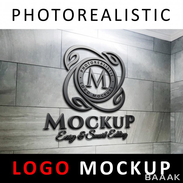 لوگو-زیبا-Logo-mockup-3d-black-steel-metallic-logo-marble-wall_3575022
