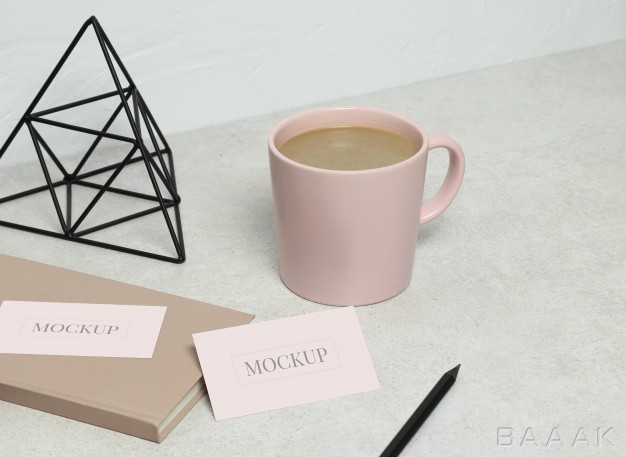 کارت-ویزیت-جذاب-و-مدرن-Mockup-business-card-granite-with-pink-book-black-pencil-statuette-cup-coffee_4392951